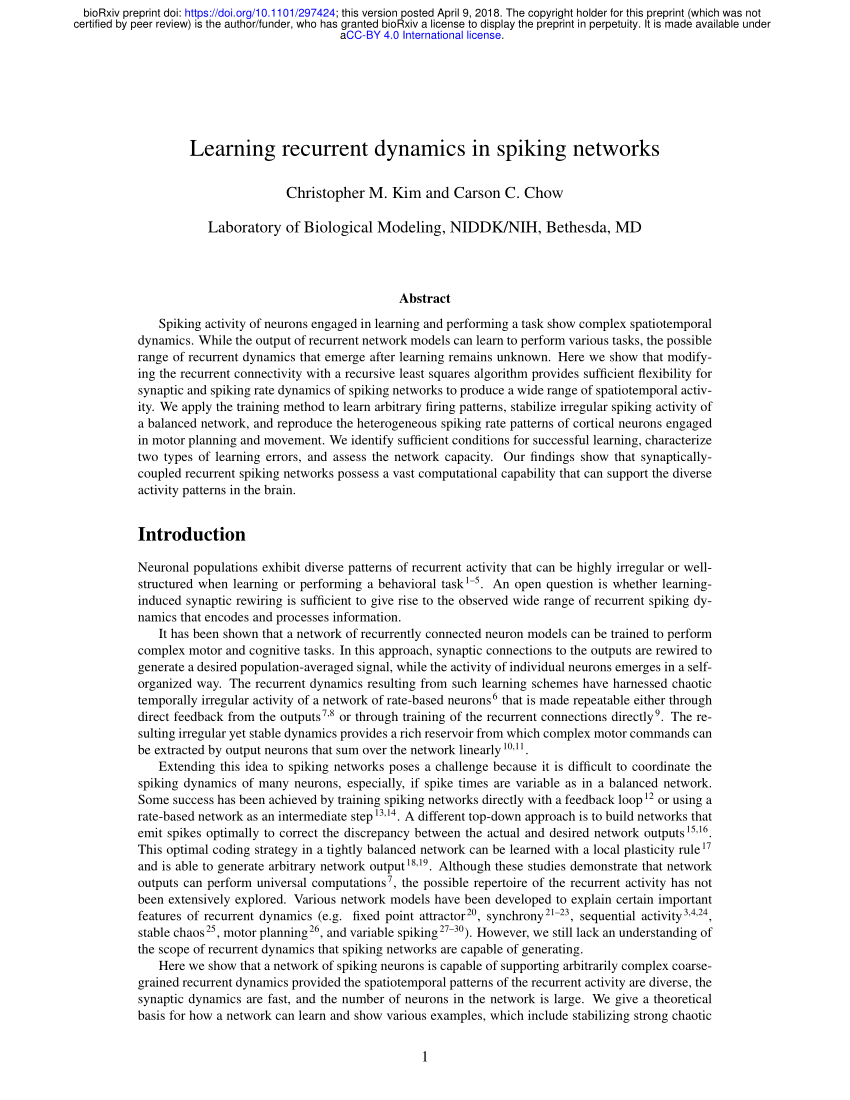 Pdf Learning Recurrent Dynamics In Spiking Networks