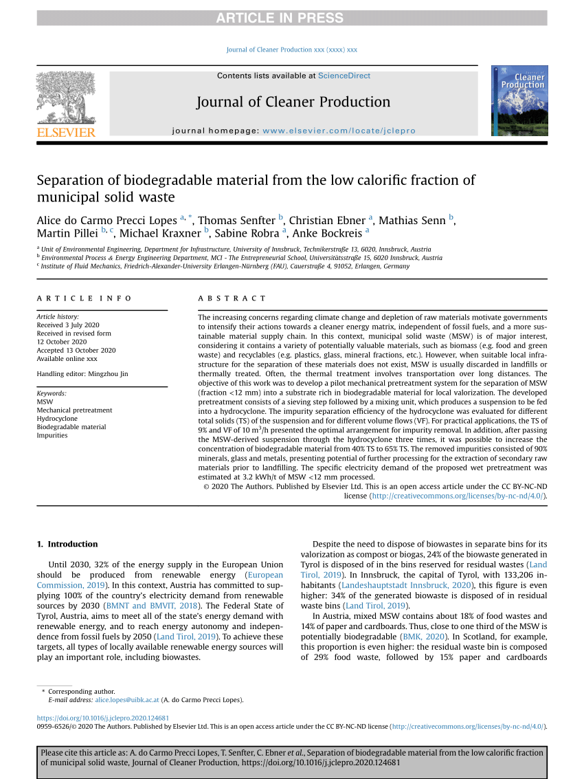 PDF Separation of biodegradable material from the low calorific  