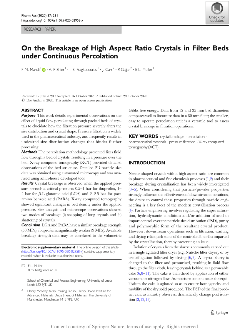 Pdf On The Breakage Of High Aspect Ratio Crystals In Filter Beds Under Continuous Percolation