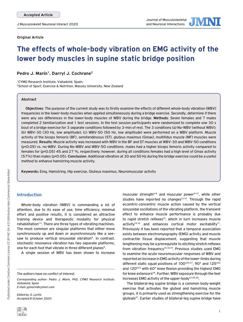 Pdf The Effects Of Whole Body Vibration On Emg Activity Of The Lower Body Muscles In Supine Static Bridge Position