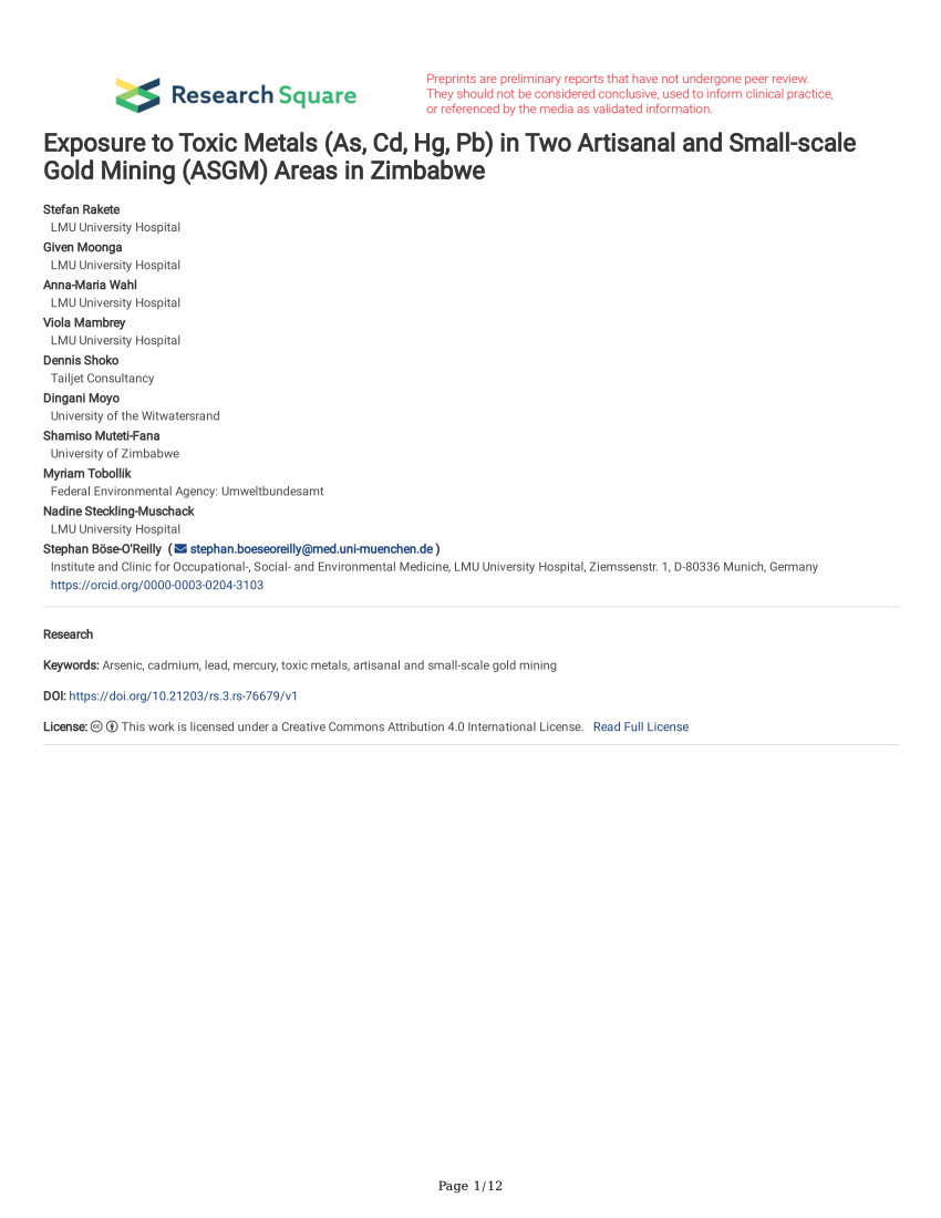 Pdf Exposure To Toxic Metals As Cd Hg Pb In Two Artisanal And Small Scale Gold Mining Asgm Areas In Zimbabwe