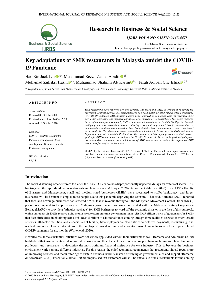 Pdf Key Adaptations Of Sme Restaurants In Malaysia Amidst The Covid 19 Pandemic