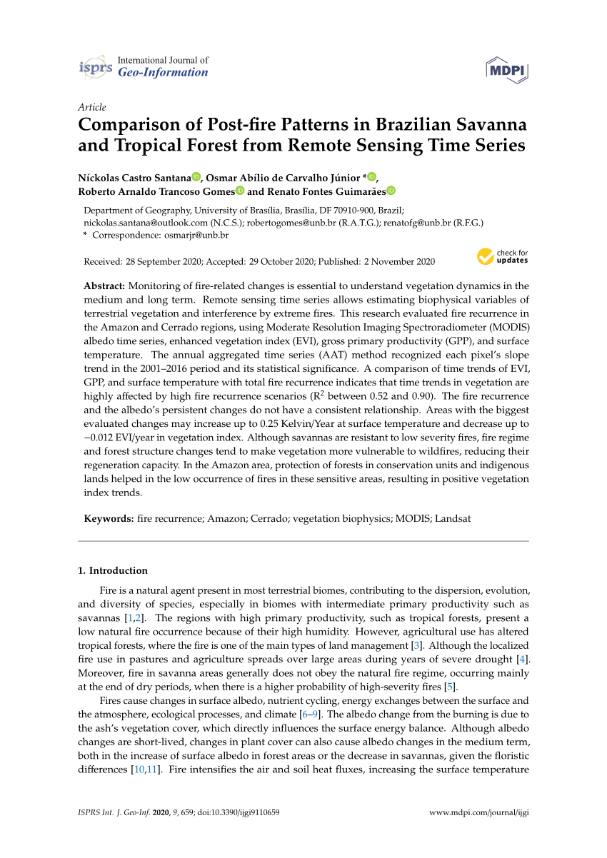 Pdf Comparison Of Post Fire Patterns In Brazilian Savanna And Tropical Forest From Remote Sensing Time Series