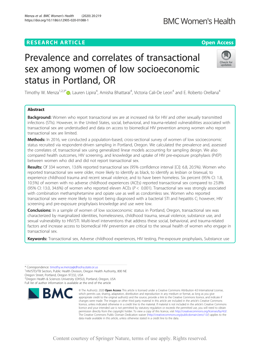 Pdf Prevalence And Correlates Of Transactional Sex Among Women Of Low Socioeconomic Status In 