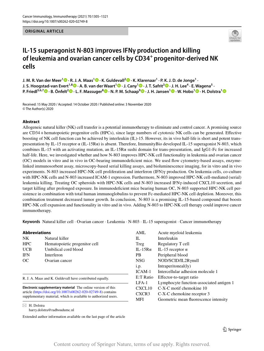 Pdf Il 15 Superagonist N 803 Improves Ifng Production And Killing Of Leukemia And Ovarian Cancer Cells By Cd34 Progenitor Derived Nk Cells