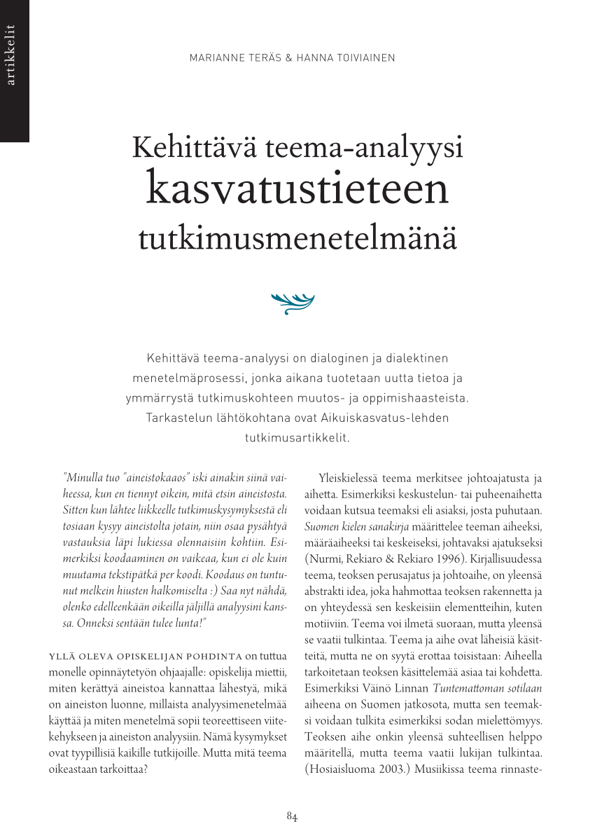 PDF) Kehittävä teema-analyysi kasvatustieteen tutkimusmenetelmänä