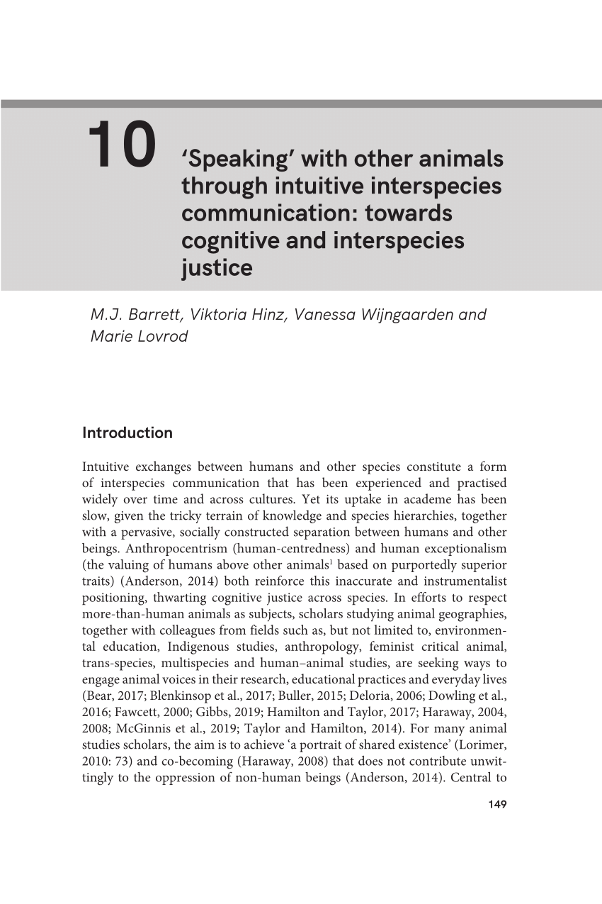 PDF) Speaking With Other Animals through Intuitive Interspecies  Communication: Towards Cognitive and Interspecies Justice