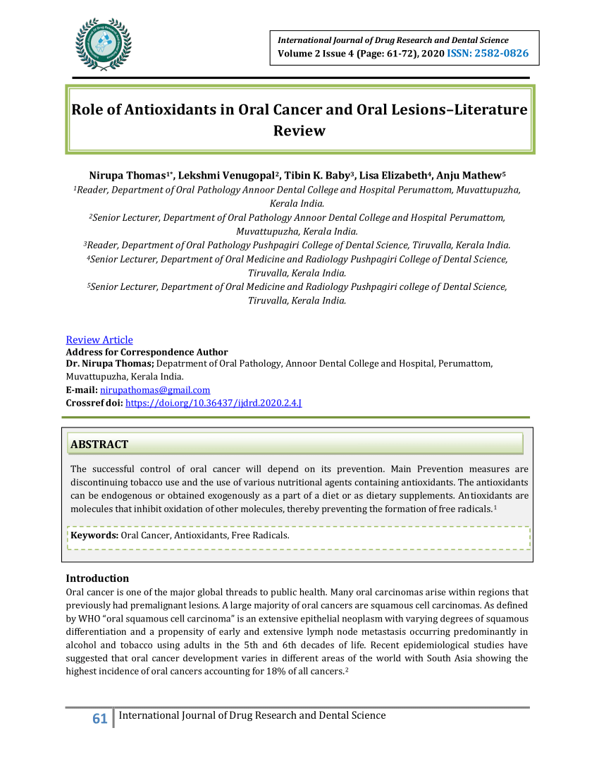 PDF) Role of Antioxidants in Oral Cancer and Oral Lesions-Literature Review