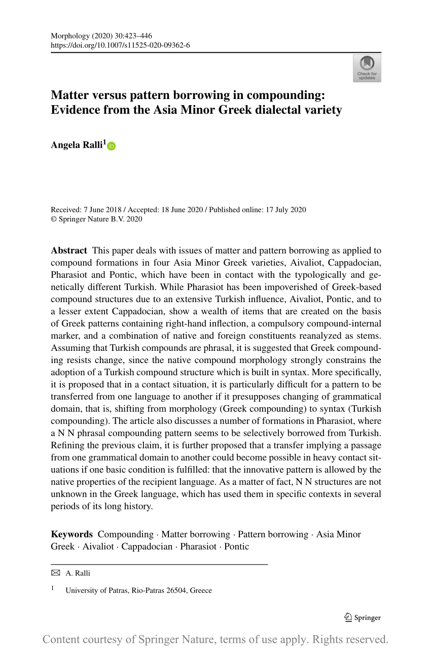 Matter Versus Pattern Borrowing In Compounding Evidence From The Asia Minor Greek Dialectal Variety Request Pdf