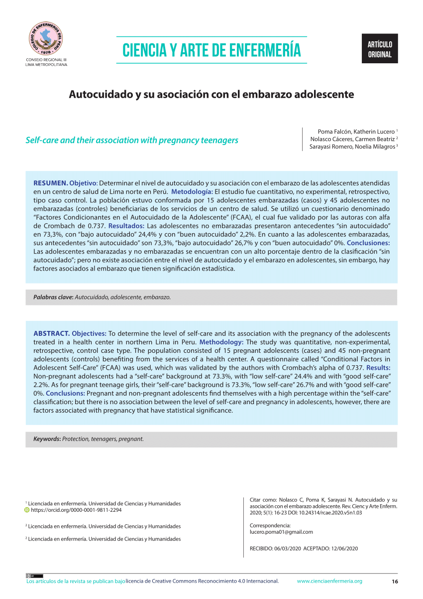 PDF) Autocuidado y su asociación con el embarazo adolescente