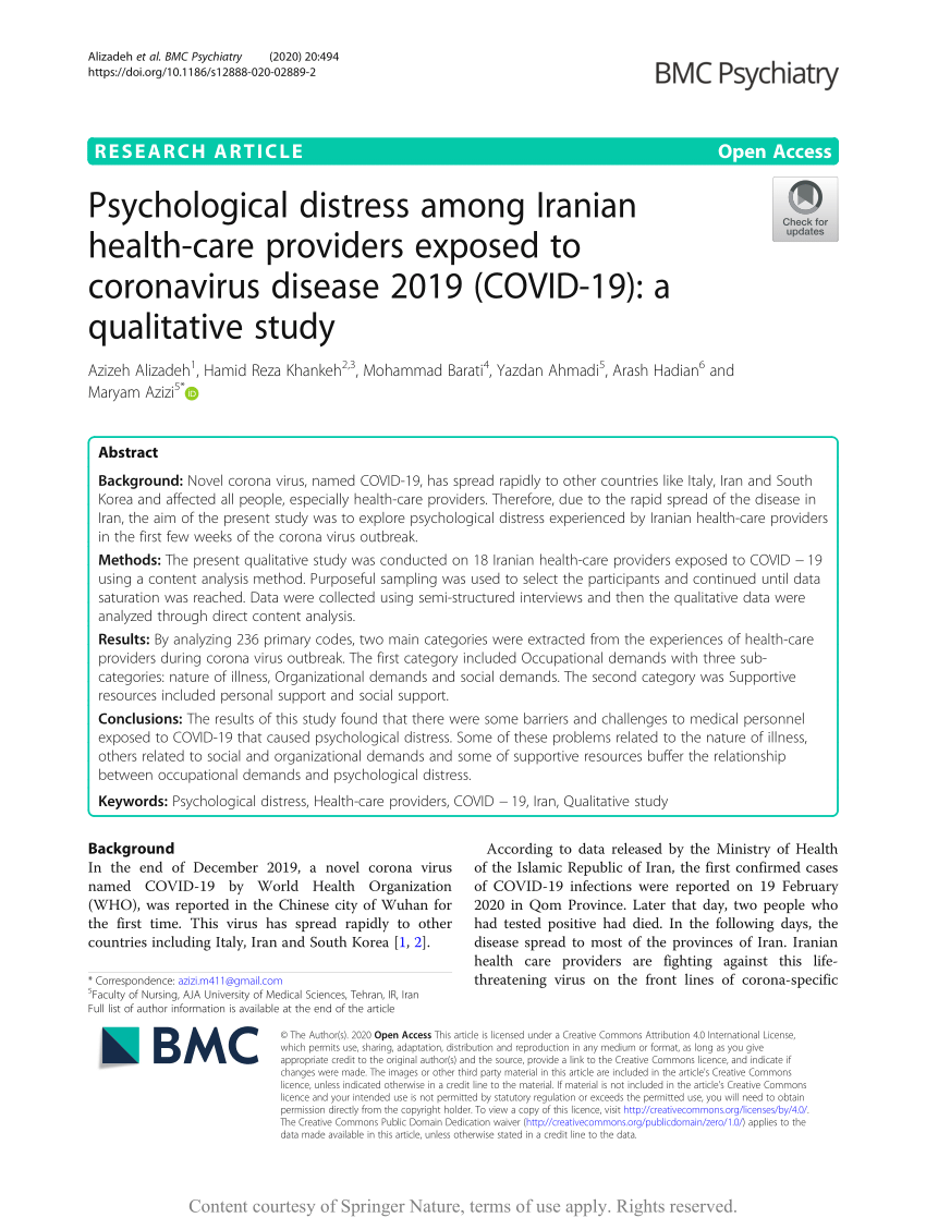 Psychological distress among Iranian health-care providers exposed to  coronavirus disease 2019 (COVID-19): a qualitative study, BMC Psychiatry