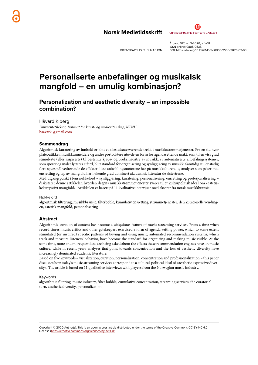 PDF) Personaliserte anbefalinger og musikalsk mangfold