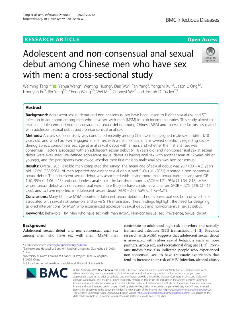 PDF) Adolescent and non-consensual anal sexual debut among Chinese men who  have sex with men: a cross-sectional study