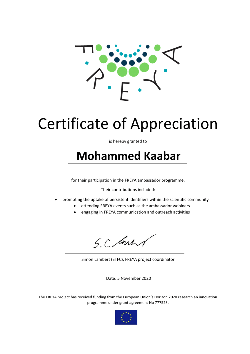 Pdf Certificate Of Appreciation As An Ambassador For The Freya Project Under The Sponsorship 6156