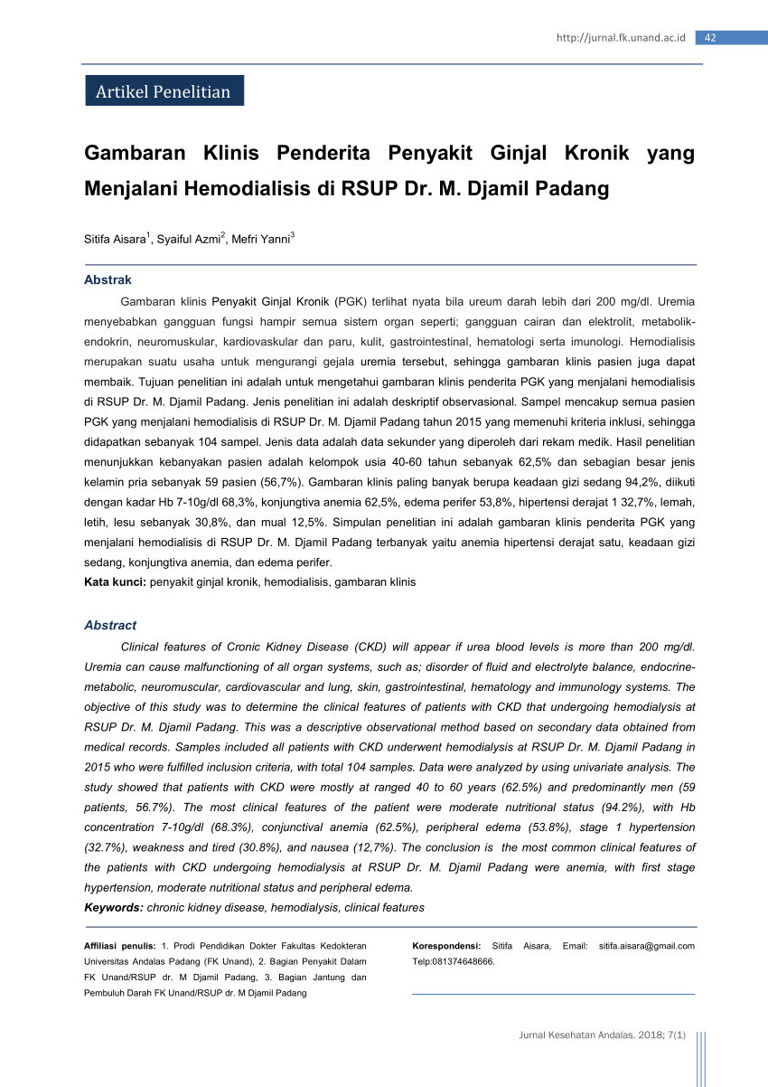Pdf Gambaran Klinis Penderita Penyakit Ginjal Kronik Yang Menjalani