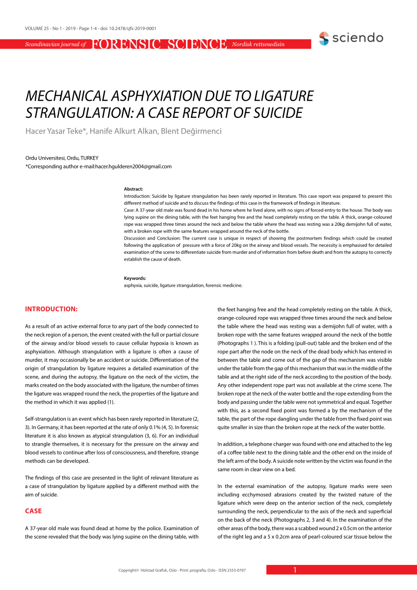 Pdf Mechanical Asphyxiation Due To Ligature Strangulation A Case Report Of Suicide