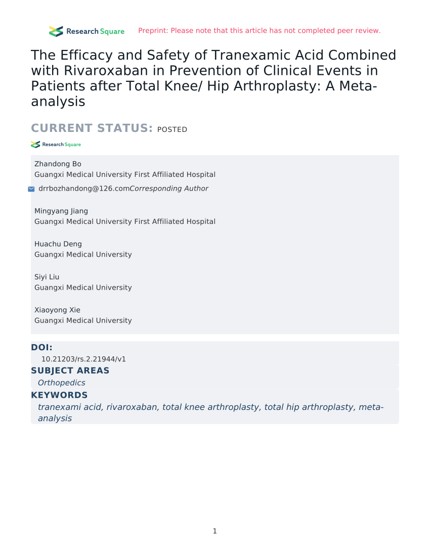 Pdf The Efficacy And Safety Of Tranexamic Acid Combined With Rivaroxaban In Prevention Of