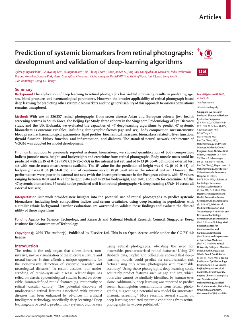 PDF Prediction of systemic biomarkers from retinal photographs  