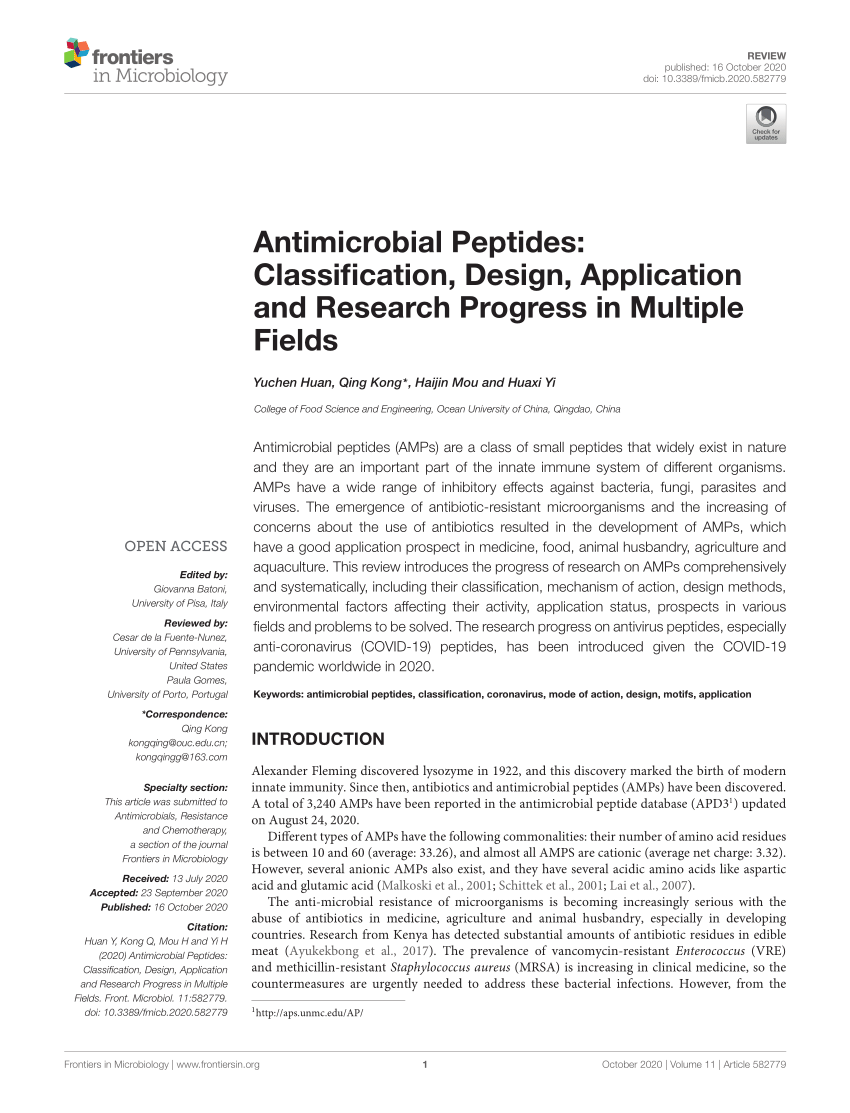 Frontiers  Antimicrobial Peptides: Classification, Design, Application and  Research Progress in Multiple Fields