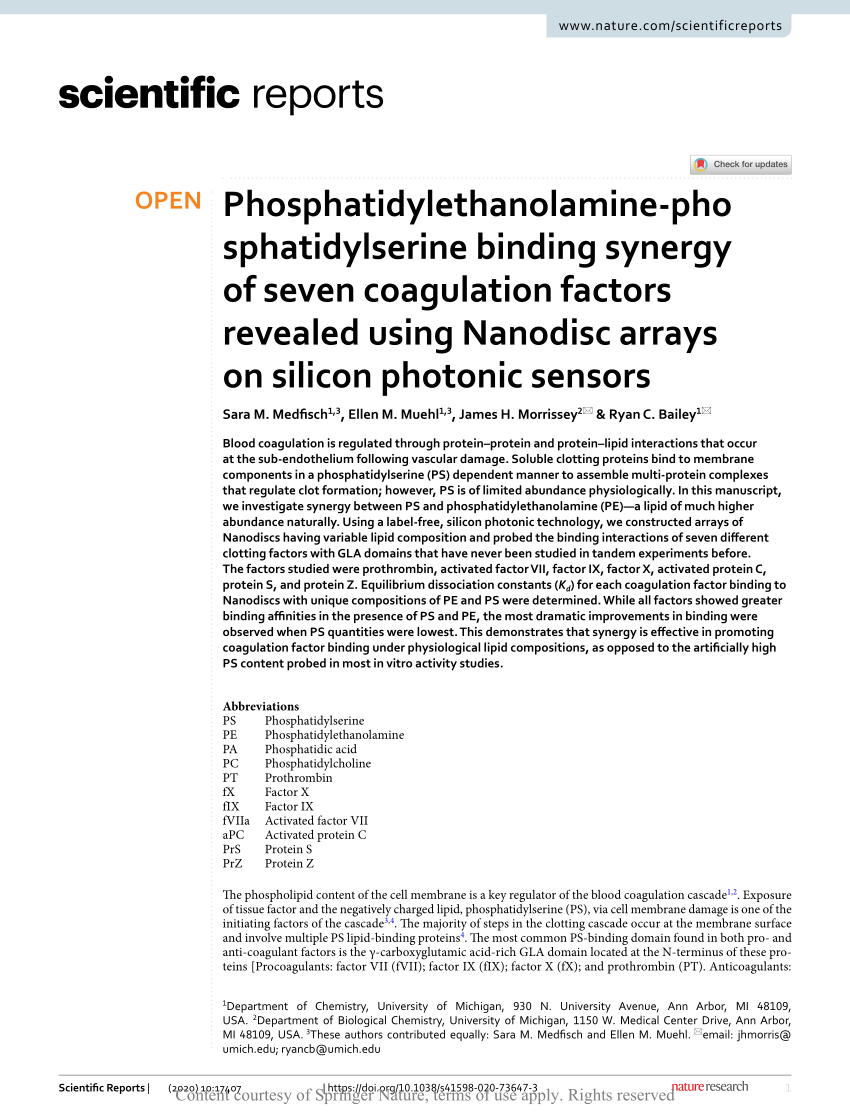 Pdf Phosphatidylethanolamine Phosphatidylserine Binding Synergy Of Seven Coagulation Factors Revealed Using Nanodisc Arrays On Silicon Photonic Sensors