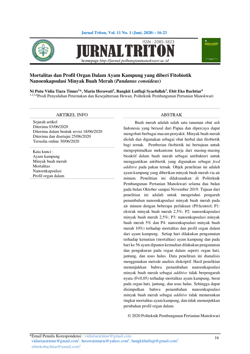 Pdf Mortalitas Dan Profil Organ Dalam Ayam Kampung Yang Diberi