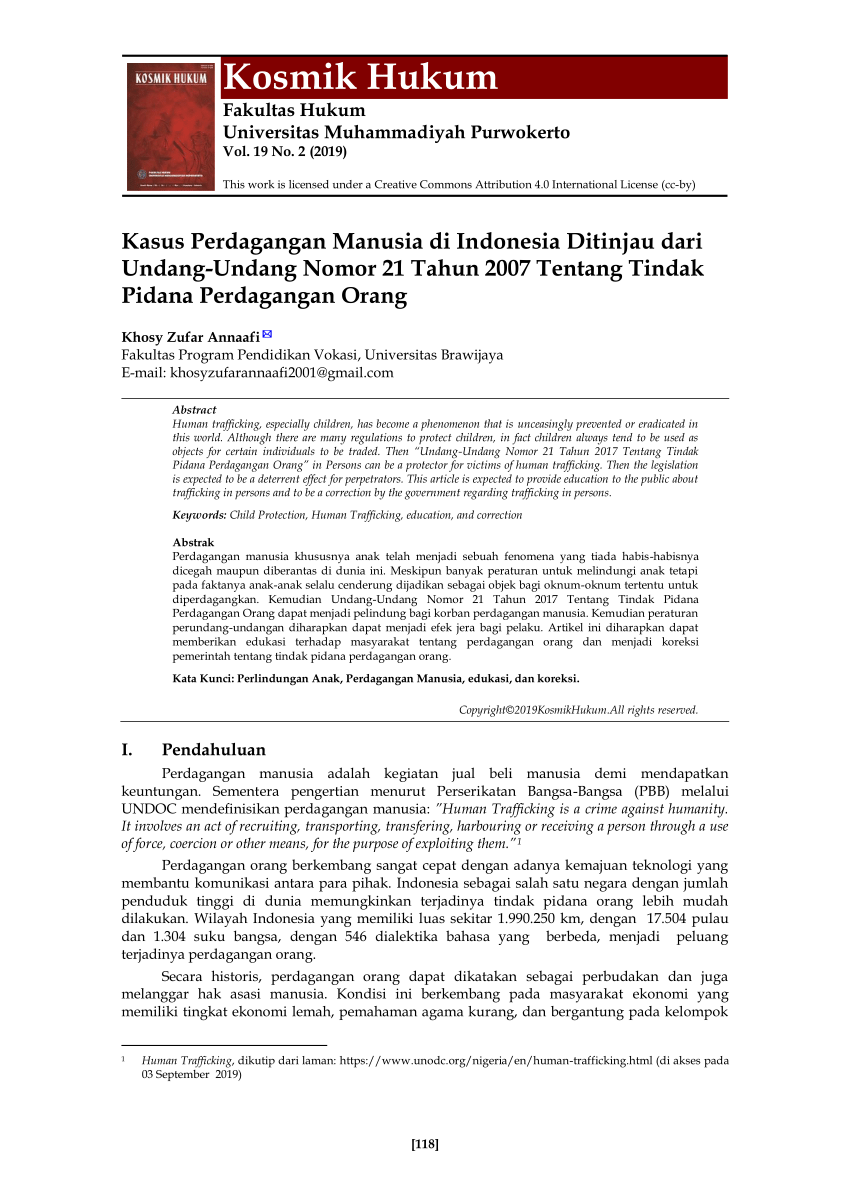 Pdf Kasus Perdagangan Manusia Di Indonesia Ditinjau Dari Undang