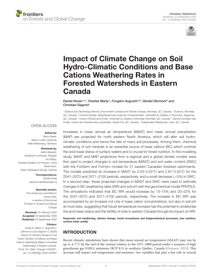 Pdf Impact Of Climate Change On Soil Hydro Climatic Conditions And Base Cations Weathering Rates In Forested Watersheds In Eastern Canada