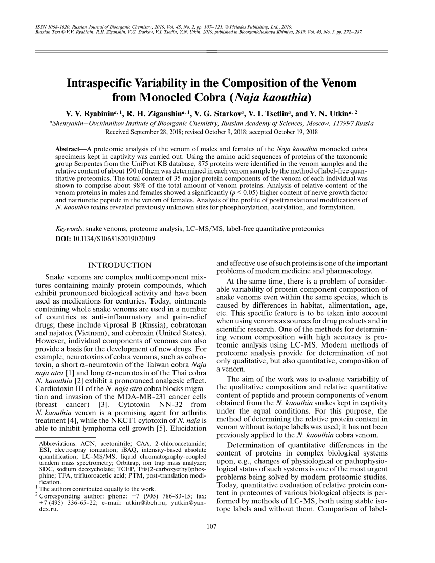 PDF) Intraspecific Variability in the Composition of the Venom 