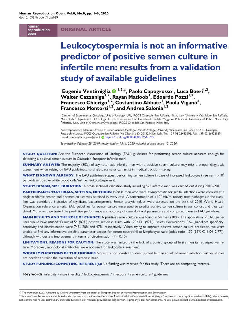 Pdf Leukocytospermia Is Not An Informative Predictor Of Positive Semen Culture In Infertile 3109