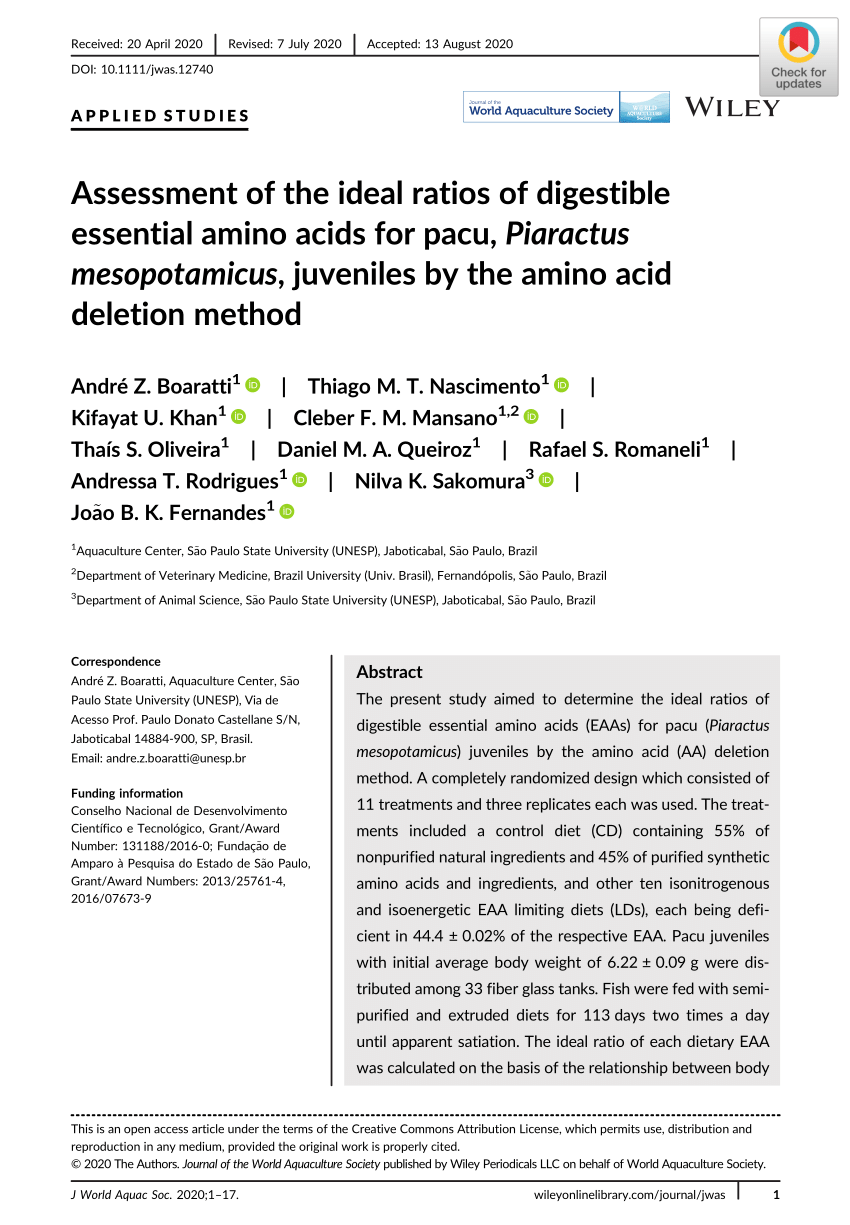 Pdf Assessment Of The Ideal Ratios Of Digestible Essential Amino Acids For Pacu Piaractus Mesopotamicus Juveniles By The Amino Acid Deletion Method