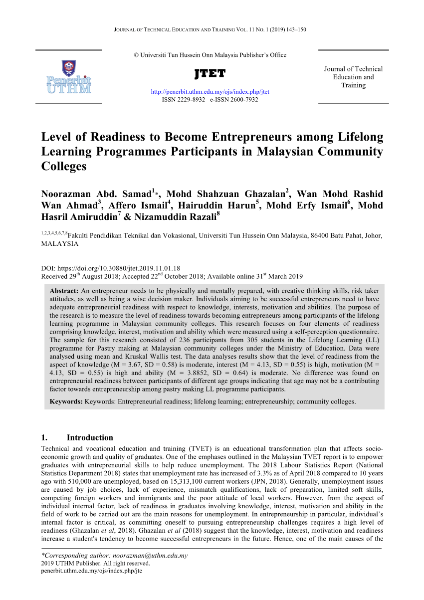 Pdf Level Of Readiness To Become Entrepreneurs Among Lifelong Learning Programmes Participants In Malaysian Community Colleges