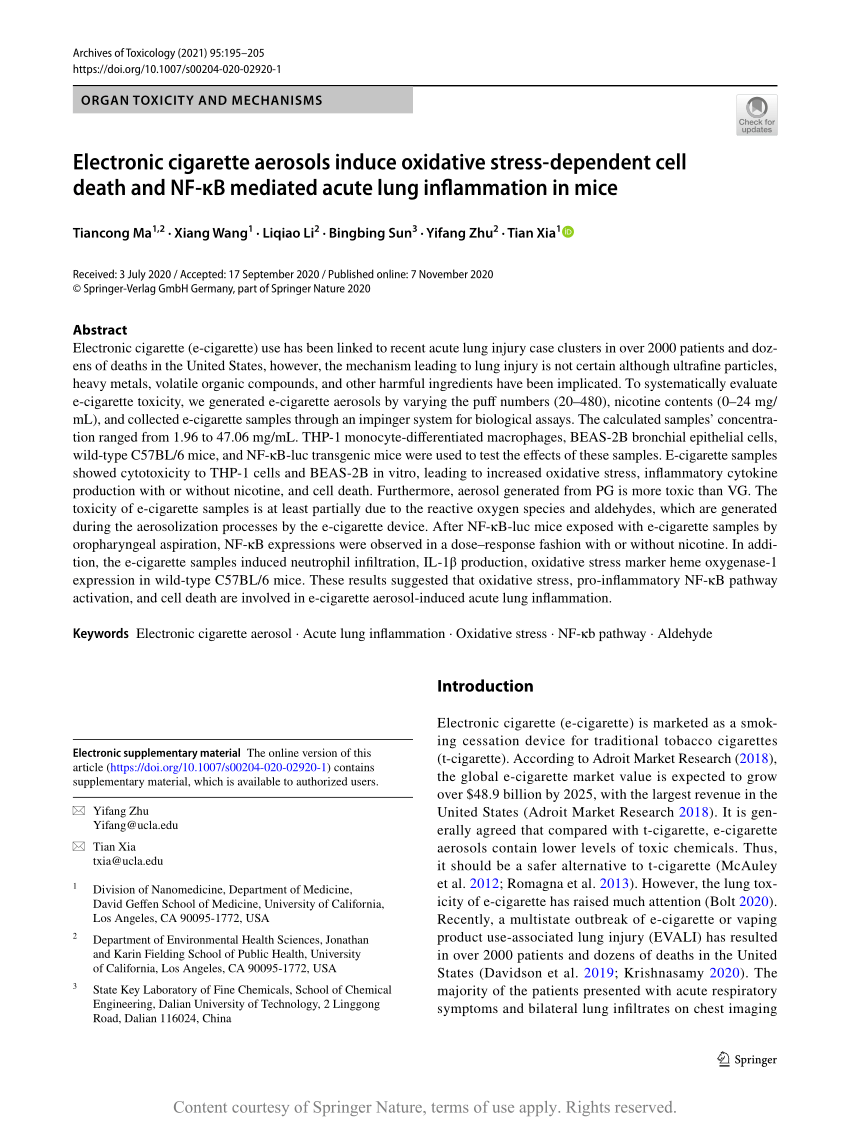 ORGAN TOXICITY AND MECHANISMS Electronic cigarette aerosols induce