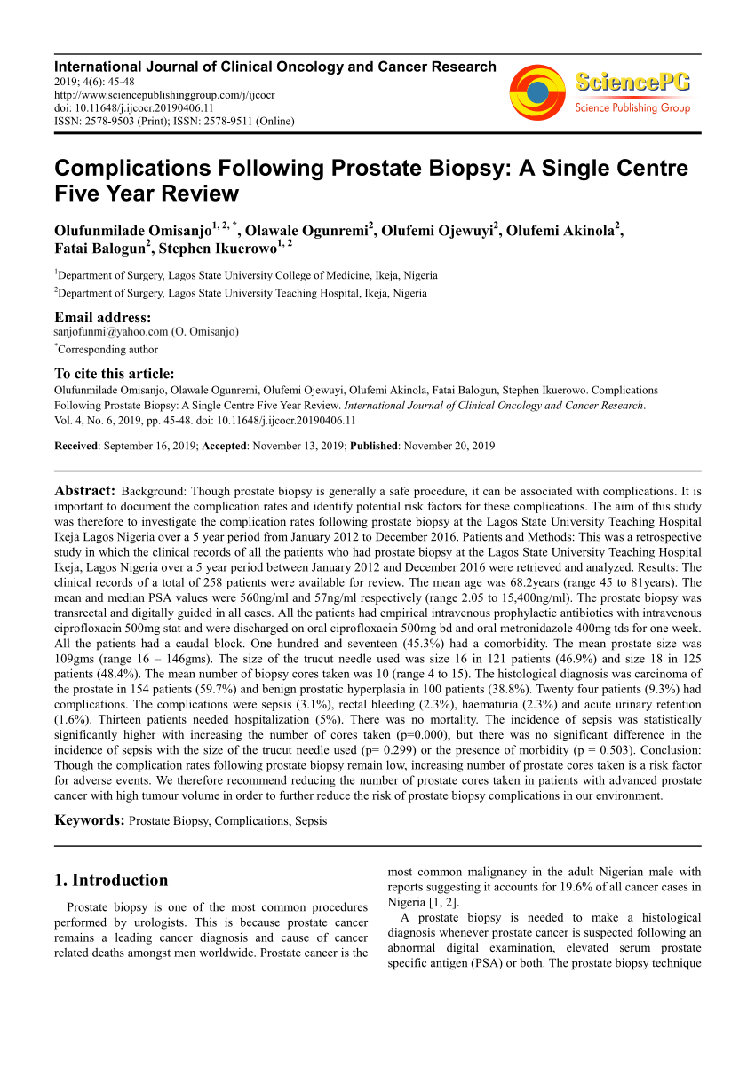 Pdf Complications Following Prostate Biopsy A Single Centre Five Year Review