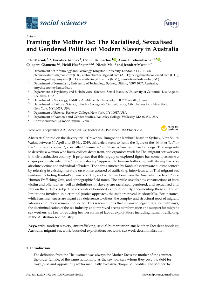 PDF) Framing the Mother Tac: The Racialised, Sexualised and Gendered  Politics of Modern Slavery in Australia