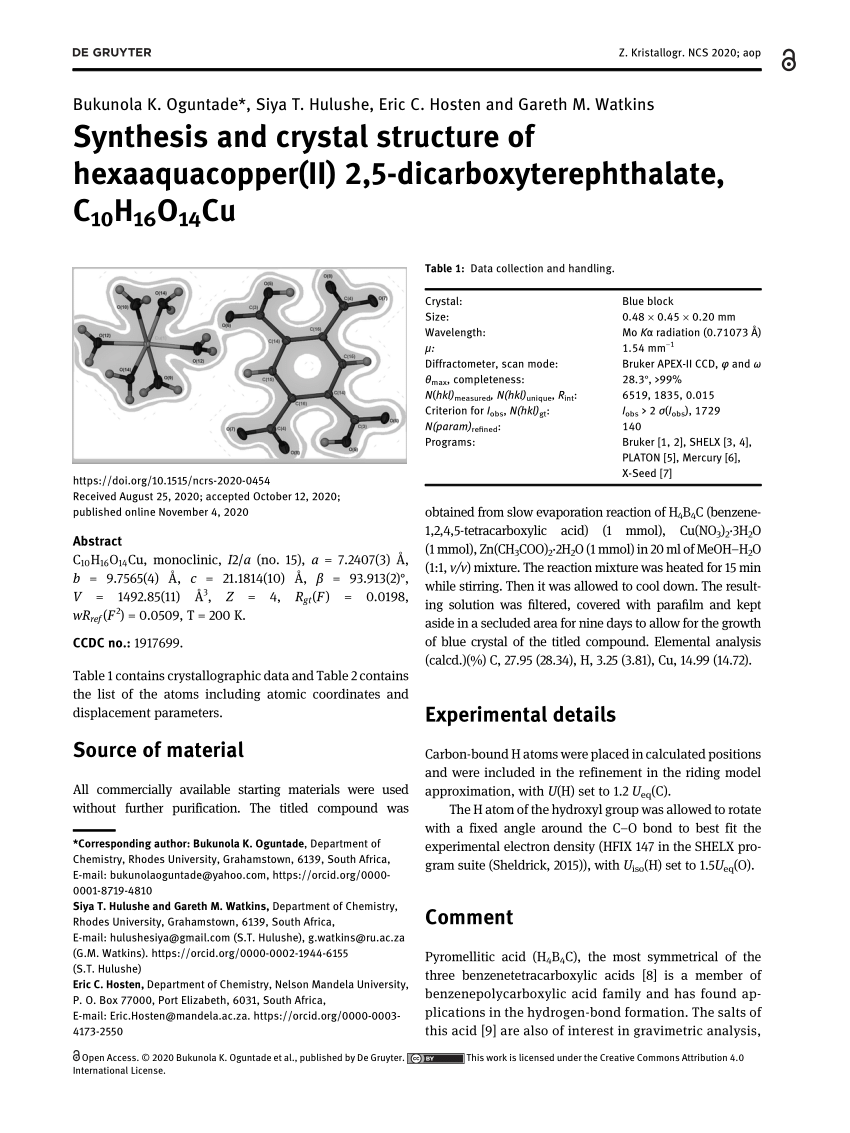 Pdf Zeitschrift Fur Kristallographie New Crystal Structures Synthesis And Crystal Structure Of Hexaaquacopper Ii 2 5 Dicarboxyterephthalate C10h16o14cu