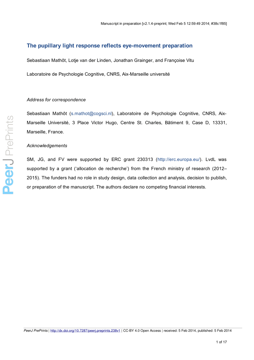 Pdf The Pupillary Light Response Reflects Eye Movement Preparation