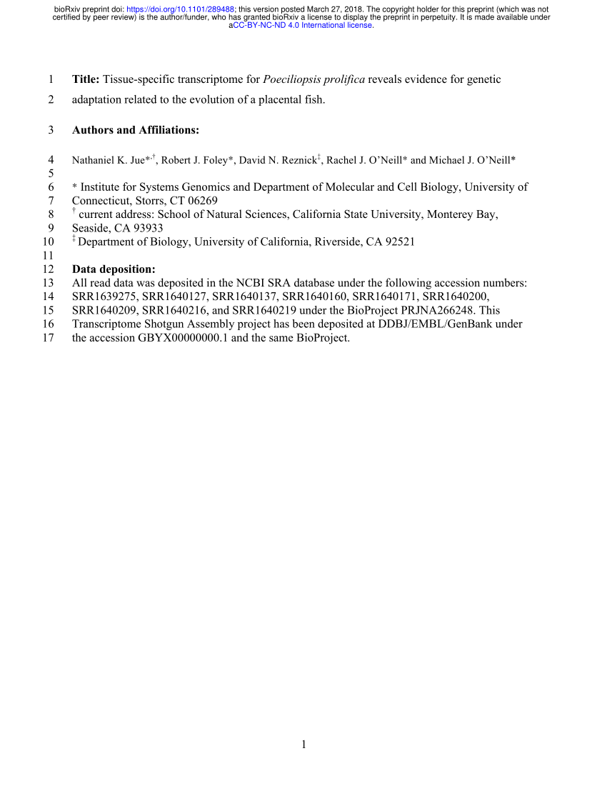 (PDF) Tissue-specific transcriptome for Poeciliopsis prolifica reveals
