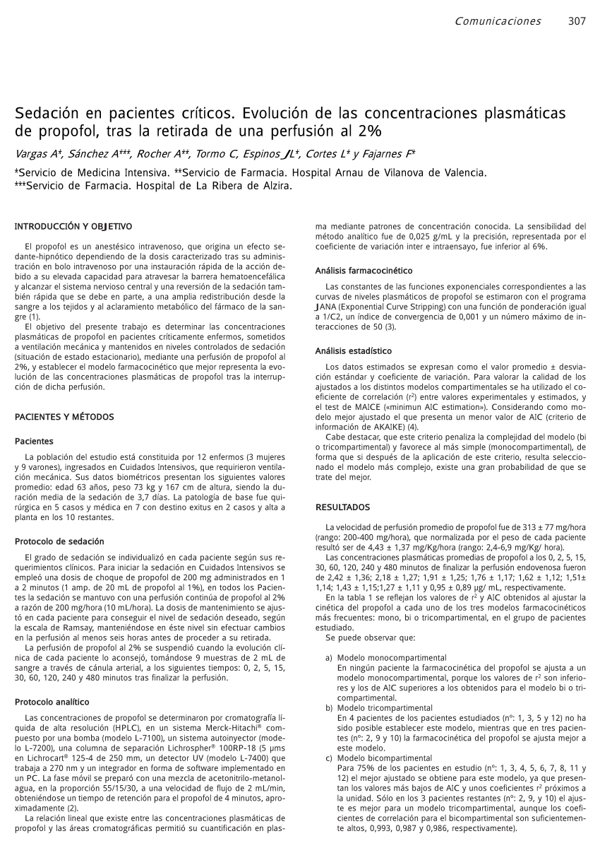 PDF) Sedación en pacientes críticos. Evolución de las concentraciones  plasmáticas de propofol, tras la retirada de una perfusión al 2%
