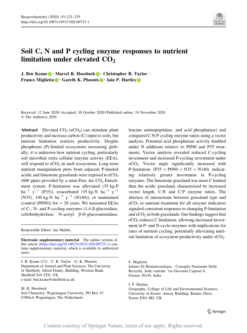 Pdf Soil C N And P Cycling Enzyme Responses To Nutrient Limitation Under Elevated Co 2