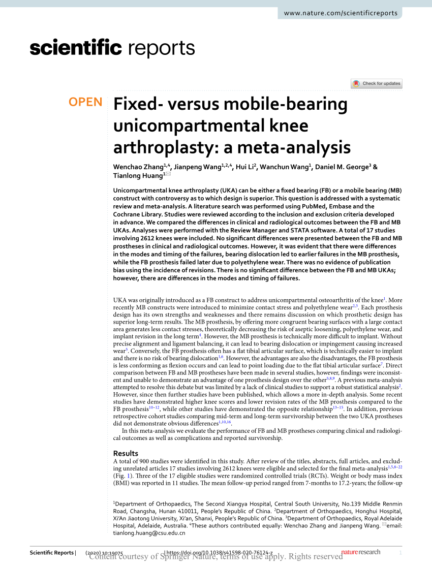 PDF) Fixed-versus mobile-bearing unicompartmental knee arthroplasty: a meta- analysis