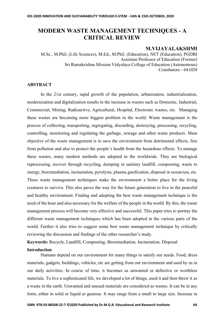 (PDF) Modern Waste Management Techniques - A Critical Review