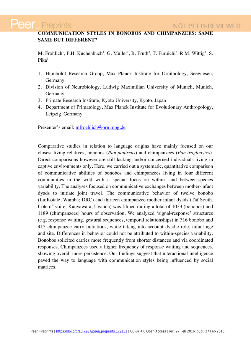 (PDF) Communication styles in bonobos and chimpanzees: Same same but