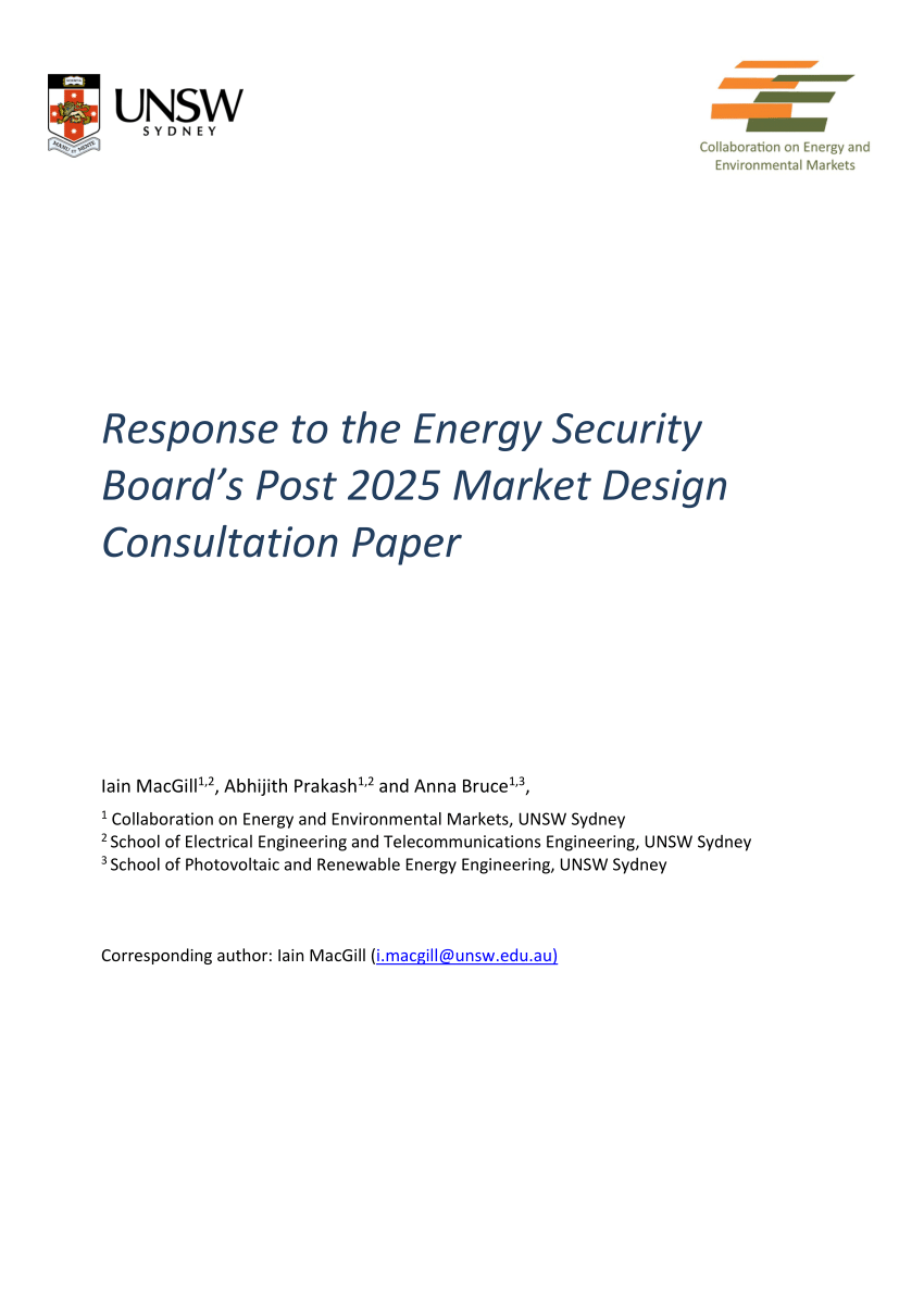 (PDF) Response to the Energy Security Board's Post 2025 Market Design