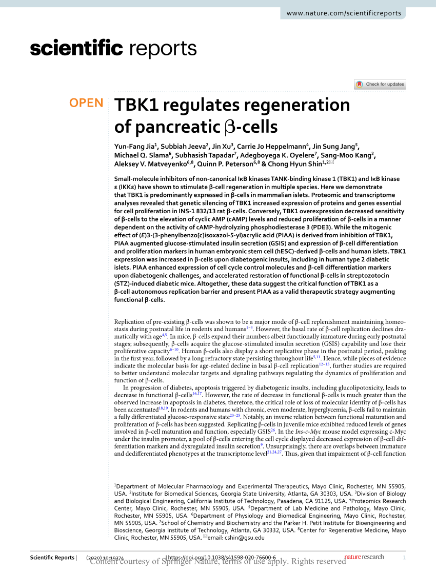 Pdf Tbk1 Regulates Regeneration Of Pancreatic B Cells