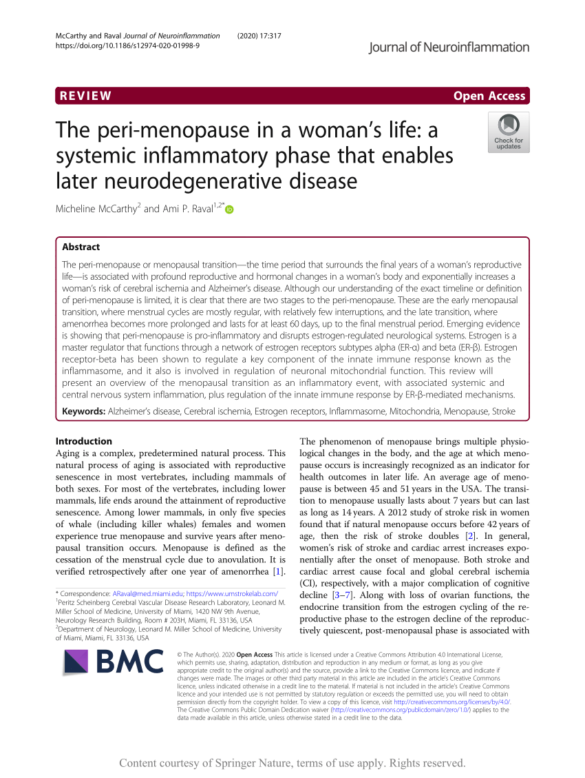 PDF) The peri-menopause in a woman's life: a systemic inflammatory phase  that enables later neurodegenerative disease