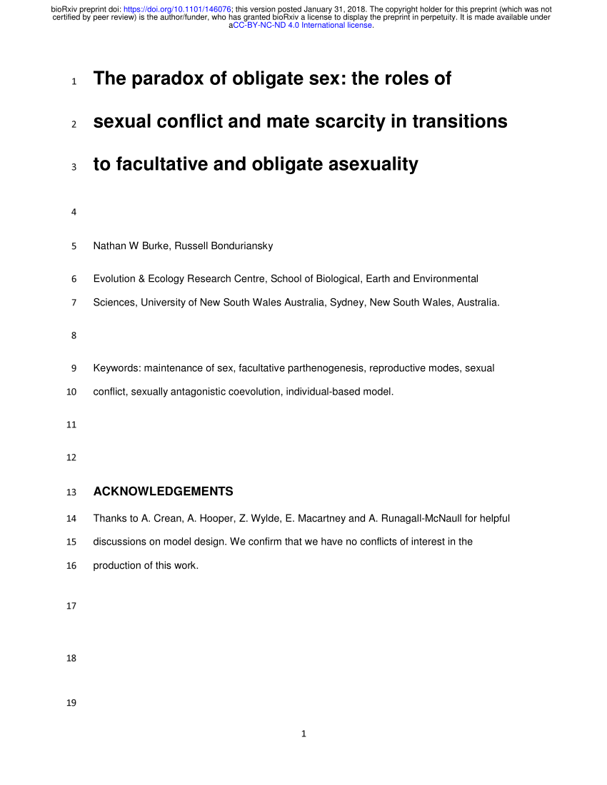 Pdf The Paradox Of Obligate Sex The Roles Of Sexual Conflict And