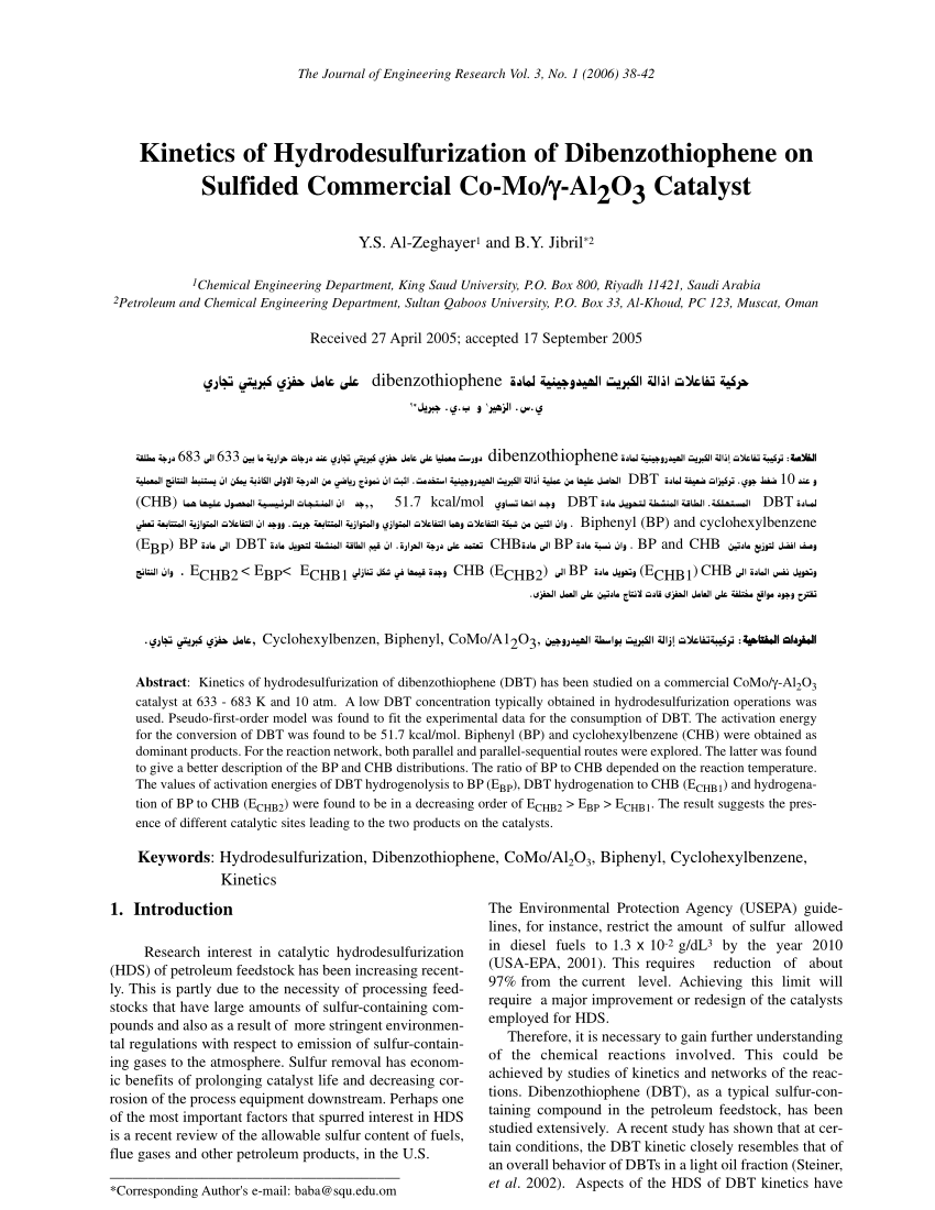 Pdf Kinetics Of Hydrodesulfurization Of Dibenzothiophene On Sulfided Commercial Co Mo G Al2o3 Catalyst
