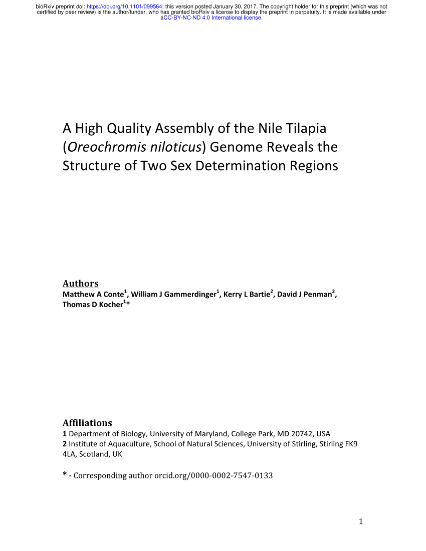 Pdf A High Quality Assembly Of The Nile Tilapia Oreochromis Niloticus Genome Reveals The Structure Of Two Sex Determination Regions