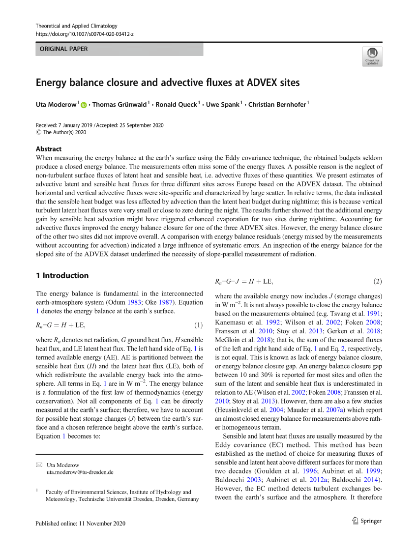 Pdf Energy Balance Closure And Advective Fluxes At Advex Sites