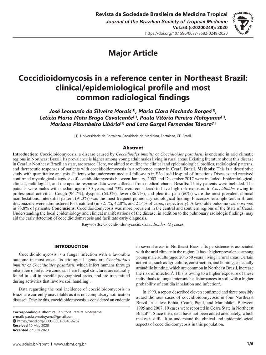 Pdf Coccidioidomycosis In A Reference Center In Northeast Brazil Clinical Epidemiological Profile And Most Common Radiological Findings